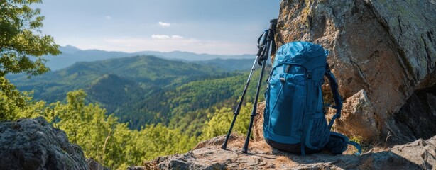 The backpack resting on a rocky viewpoint overlooking a breathtaking mountain landscape.