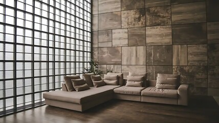 Modern Living Room with Corner Sofa and Grid Window against Grunge Stone Panel Wall