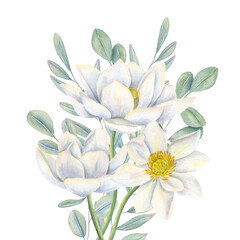 White lotuses and eucalyptus leaves bouquet watercolor illustration on isolated background. Water lilies, green foliage composition for wedding invitations, packaging, birthday greeting cards.