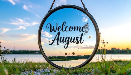 Welcoming August by Lake at Sunset Through Hanging Circle Frame