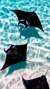 Group of Manta Rays Swimming in the Clear Turquoise Ocean Water with Sunlight Ripples and Sandy Seabed in an Underwater View