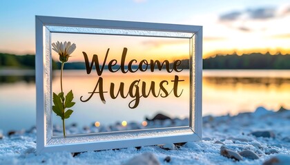 Welcoming August Frame with Flower at Lake During Sunset