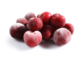 Pile of ripe frozen cherries isolated on white