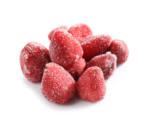 Pile of ripe frozen strawberries isolated on white