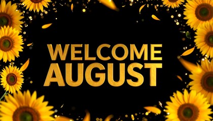 Welcoming August Graphic with Sunflowers and Gold Text