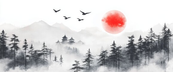 A traditional Japanese symbol, represented through ink wash painting, features a misty forest with mountains, a pagoda temple, and a large red sun, set against the backdrop of oriental sumi-e, u-sin