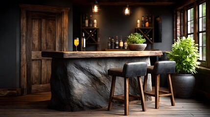 A realistic high-definition photo of a home bar with glass racks and bar stools.