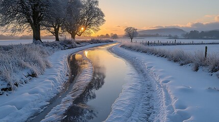 Snowy country road at sunrise