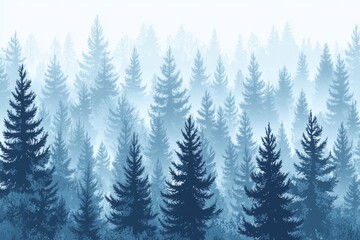 Obraz premium A seamless pattern featuring a modern misty forest landscape with detailed blue silhouettes of coniferous trees