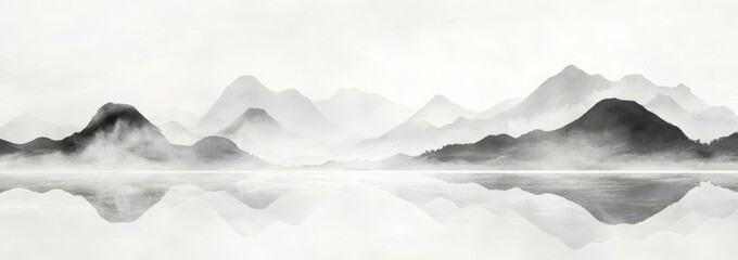 A traditional oriental ink painting in sumi-e, u-sin, go-hua style on vintage rice paper depicts a panoramic landscape of mountains in fog, accompanied by the translation of a hieroglyph meaning