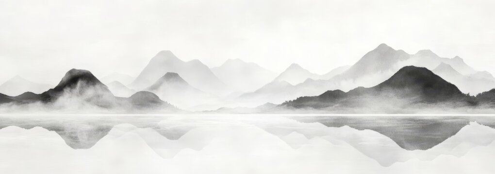 A traditional oriental ink painting in sumi-e, u-sin, go-hua style on vintage rice paper depicts a panoramic landscape of mountains in fog, accompanied by the translation of a hieroglyph meaning