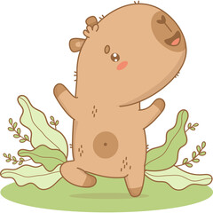 Capybara athlete doing Pilates stretching in nature. Cute animal yogi