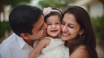 Fototapeta premium Happy family enjoying playful moments together in a sunny outdoor setting with smiles and laughter