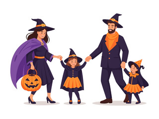Halloween Family Celebration: A cartoon family, dressed in Halloween costumes, prepares for an enchanting night. The festive atmosphere is captured in a detailed illustration.