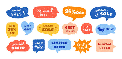 Sale labels. Colorful textured speech bubble, discount offer banner, shopping promotion, seasonal special price tag, retail advertising graphics. Vector isolated sticker set