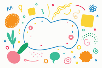 Fototapeta premium Fun Playful Colorful Illustration with Shapes, Lines, and Dots around a Blue Organic Frame