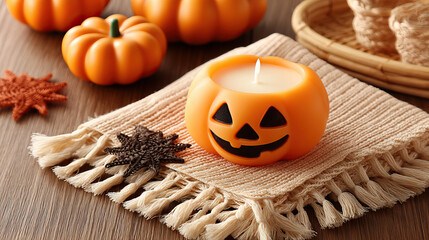 Fototapeta premium Halloween candle pumpkin decoration with cozy autumn atmosphere on wooden table with knitted leaves and warm textile, evoking festive and comforting mood