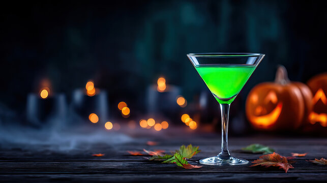 Green cocktail in martini glass with autumn leaves and glowing jack o lanterns in background creating spooky Halloween atmosphere with candlelight and smoke effects