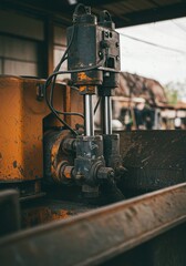 Close-up of an industrial hydraulic pump, its metallic components suggesting power and heavy machinery in a workshop setting