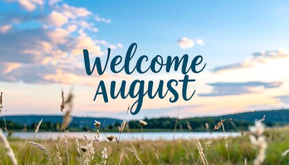Welcoming August Text Overlooking Field with Sky Background