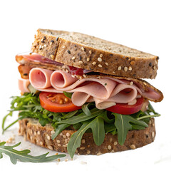Delicious Ham and Arugula Sandwich on Multigrain Bread Close Up Studio Shot A Healthy Lunch or Snack Option