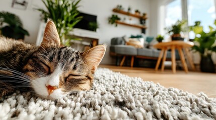 Cozy cat sleeping on fluffy carpet in sunlit living room with green plants and modern decor