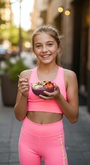 Smiling brightly, a healthy young girl enjoys her colorful, nutritious smoothie bowl outdoors on a sunny city street, embodying youthful energy and well-being