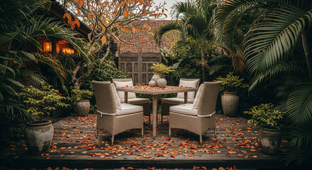 A tropical outdoor patio with a dining set and fallen leaves.