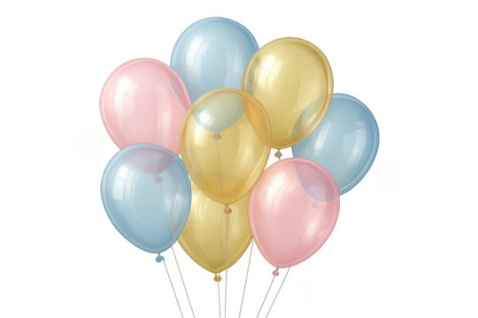 Bunch of colorful transparent balloons floating on transparent background