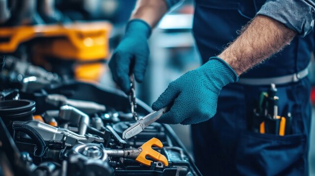 A mechanic working on a car engine in a workshop. The focus is on the tools and the mechanical process.