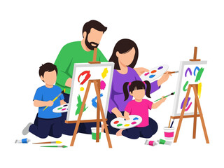 Creative Family Painting Together: A loving family, sharing a joyful moment, paints together on canvas, creating vibrant artworks, demonstrating a heartwarming scene of unity and creativity.