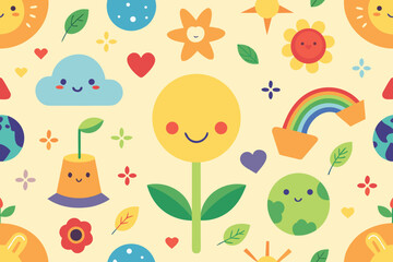 Playful Seamless Pattern with Smiling Sun, Earth, Rainbow, and Other Cute Cartoon Elements
