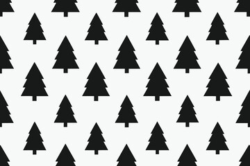 Repeating Pattern of Stylized Black Christmas Trees on White Background, Festive and Minimalist Design