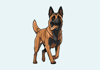 Obraz premium A cartoon illustration of a Belgian Malinois dog with a stick in its mouth, standing on a light blue background.