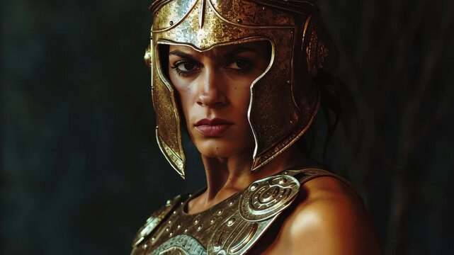 Warrior in golden armor stands solemnly with a helmet, embodying strength and valor in a dramatic artistic portrayal
