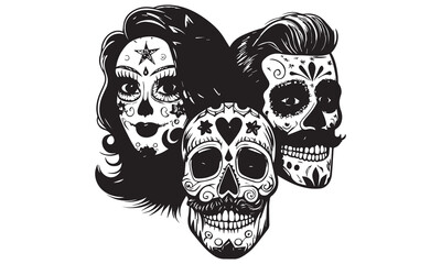 Black and White Sugar Skulls Trio & Cowboy – Dia de los Muertos Vector