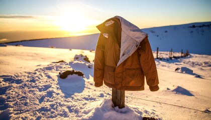 Winter Coat on Fence Post in Snowy Field at Sunset