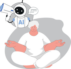 Vector illustration flat style, woman resting in relaxed pose, AI helps her in solving problems. Robot assistant, chat bot, machine intelligence, cute android, digital technologies in everyday life