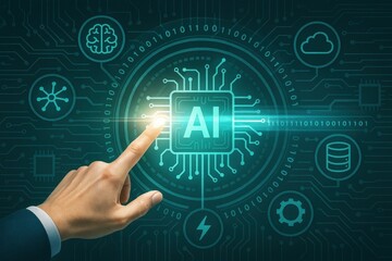 A hand points to an artificial intelligence symbol, surrounded by digital circuit and binary code elements, highlighting the technology concept.
