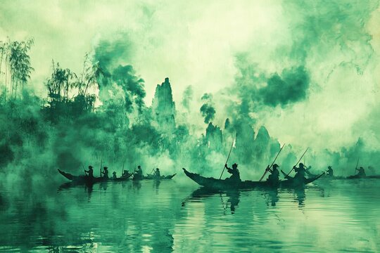 Dragon boat and dragon boat racing are depicted with people rowing the same crew in the style of a green watercolor painting, a Chinese landscape illustration in the traditional ink wash painting