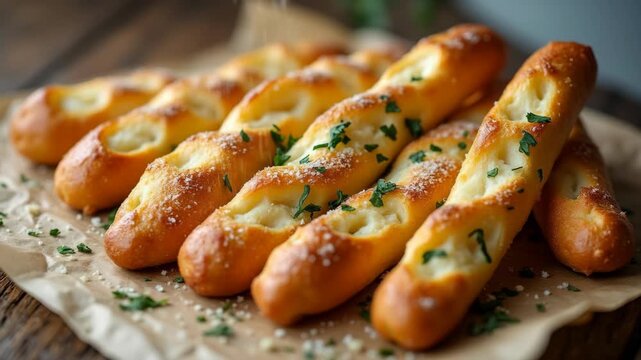 Golden parmesan breadsticks on parchment over rustic wood, sprinkled herbs and crumbs