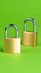 Fototapeta premium Two gold padlocks on a green background (1)