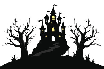 Spooky Halloween Castle Silhouette with Dead Trees Against a White Background
