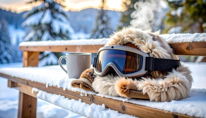 Winter Gear on Bench with Snowy Mountain Backdrop and Steaming Drink