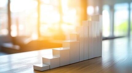 A white, wooden table with a white, rectangular block of wood on it. The block is arranged in a staircase pattern, with each step increasing in size.