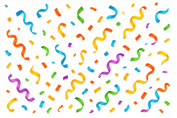 Colorful confetti and ribbons falling on transparent background celebrating a party or carnival