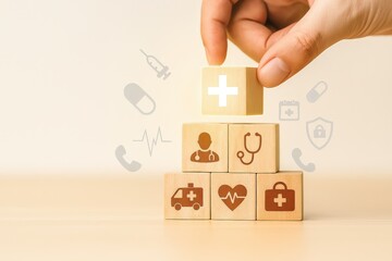 A hand places a wooden block with a medical symbol, symbolizing healthcare development and growth on a light beige surface.