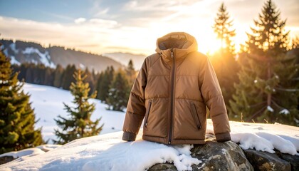 Winter Jacket Displayed Outdoors on Snow Covered Rock at Sunset