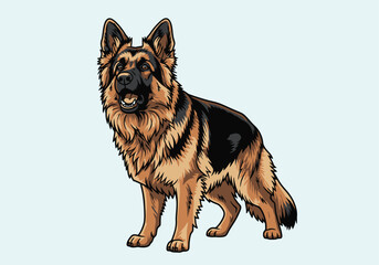 A detailed illustration of a majestic German Shepherd dog standing alertly with its mouth slightly open, showcasing its distinctive black and tan fur.