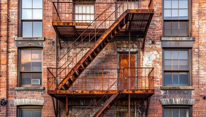 High-quality, professional marketing-style photograph of a rusty fire escape on a brick building, shot with a 50mm lens, eye-level angle, minimalist composition with clear focal point, soft side light